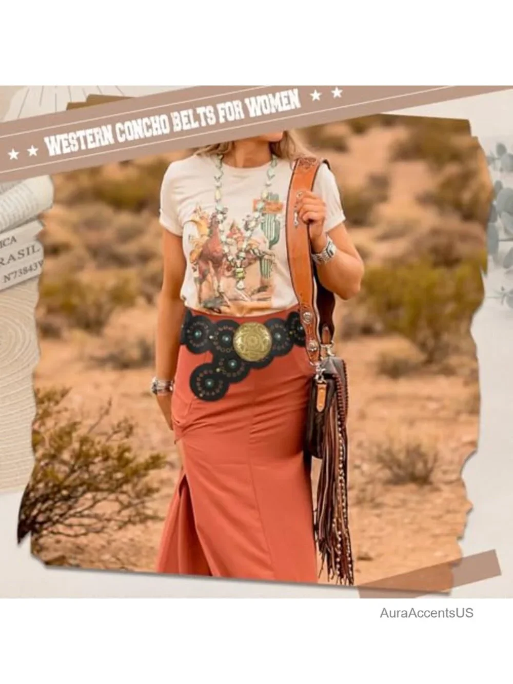 Western PU Leather Belt with Concho Disc Buckle for Women Boho Cowgirl Waist